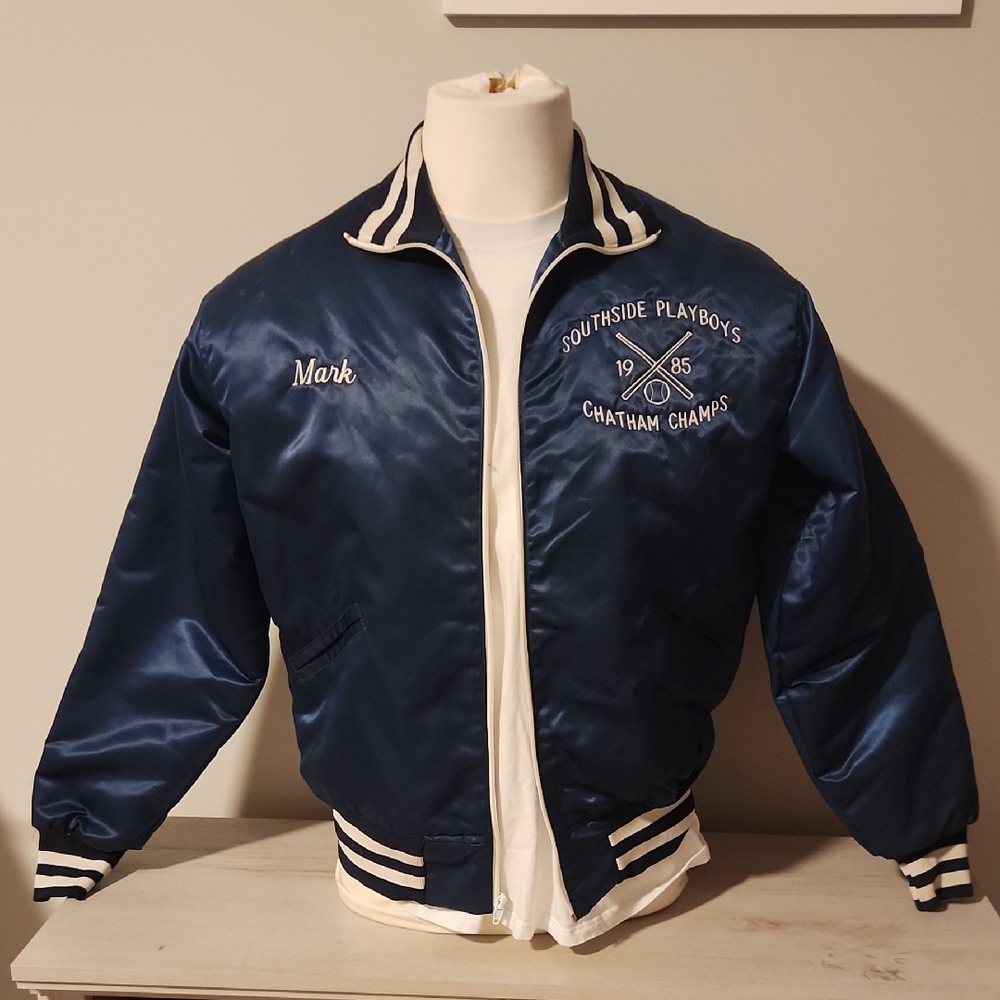 Men's Blue Satin Vintage Varsity Jacket size medium